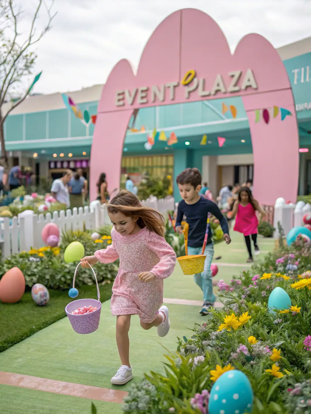 A heartwarming image of children participating in a traditional Easter egg hunt in a local park, organized by COMITE DES FETES.