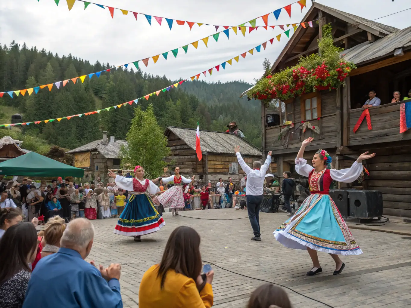 A vibrant image depicting a local cultural festival organized by COMITE DES FETES, showcasing traditional music, dance, and food stalls, with diverse community members actively participating and enjoying the festivities.