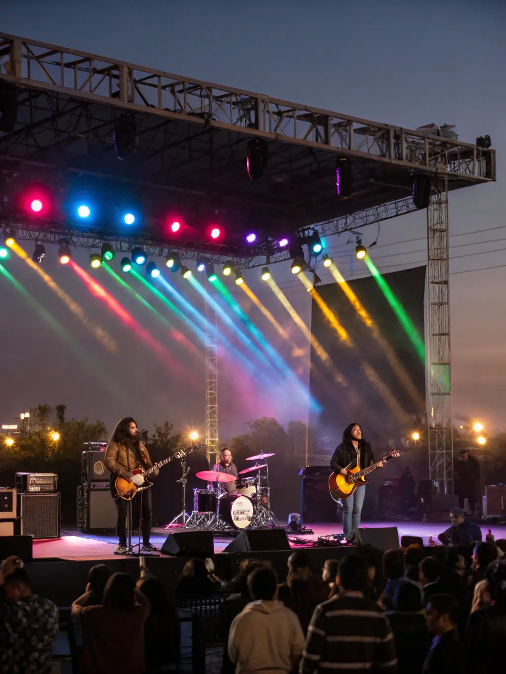 A dynamic shot of a local band performing at a summer music festival organized by COMITE DES FETES, showcasing the vibrant cultural scene.