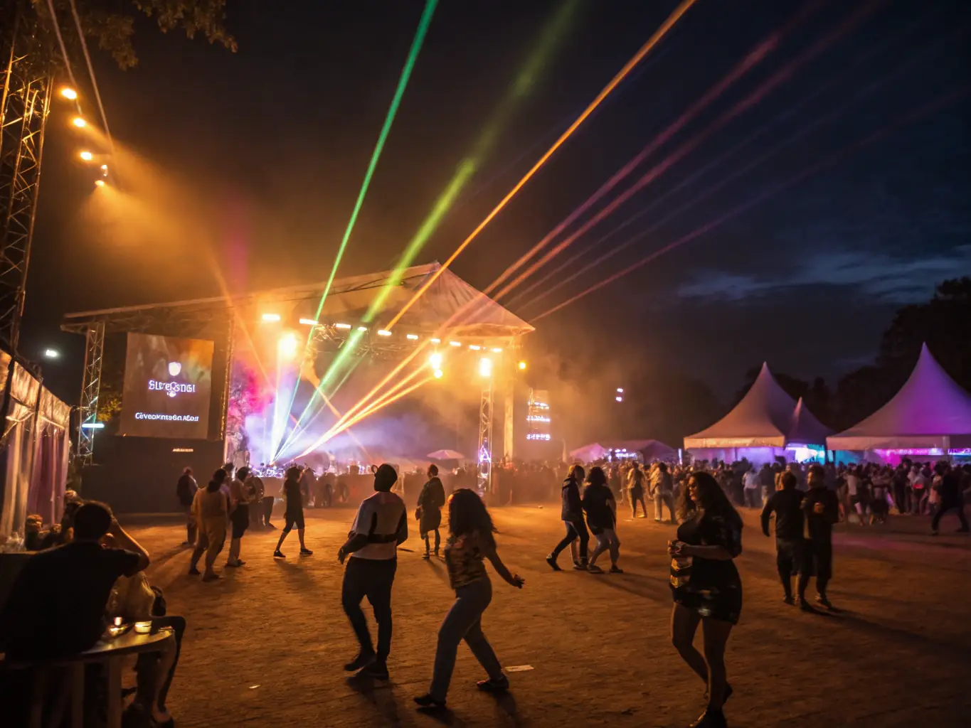 A photograph capturing the excitement of a local music festival, with a band performing on stage and a crowd of people dancing and enjoying the music under colorful lights.