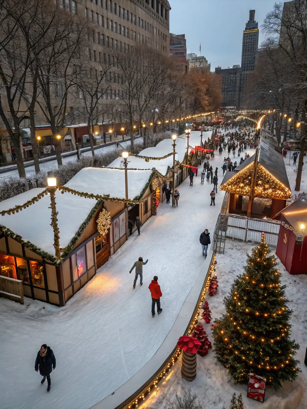 A festive image of the Christmas market in Mansac, with decorated stalls, twinkling lights, and people enjoying mulled wine and holiday treats.