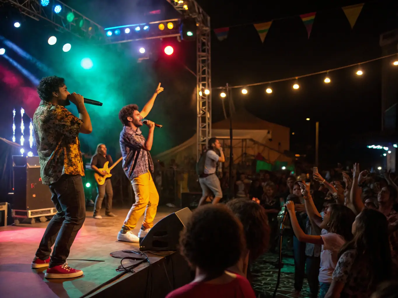 A dynamic image of a local band performing live at a COMITE DES FETES-organized music festival, with a diverse crowd enjoying the performance.
