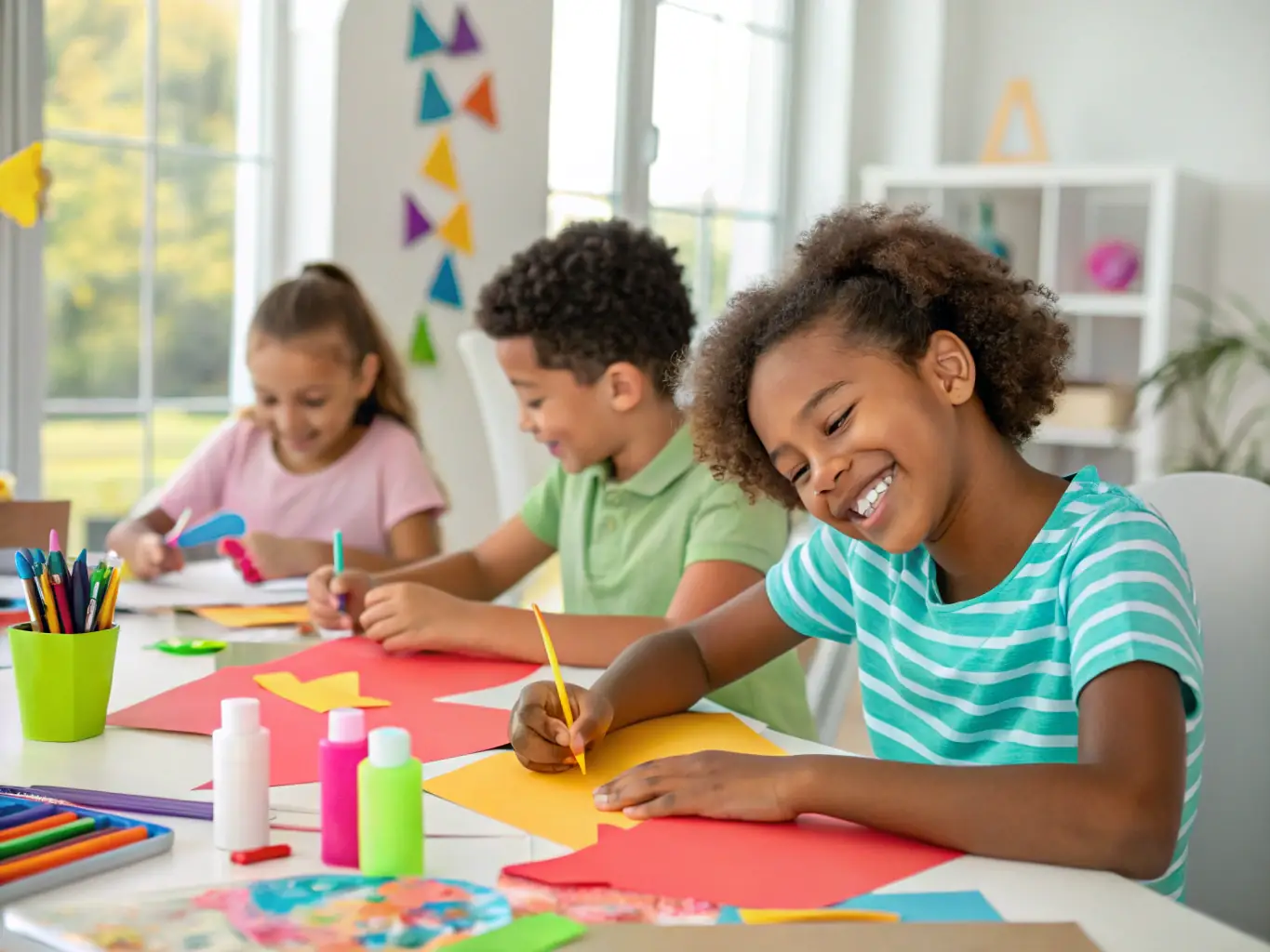 A photograph capturing a group of children participating in an arts and crafts workshop during a COMITE DES FETES summer program, showcasing creativity and engagement.